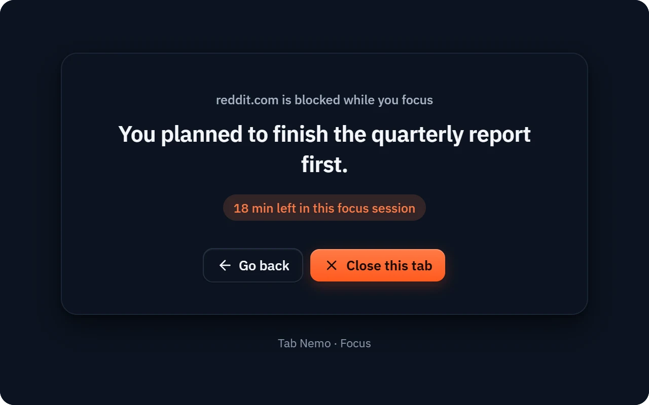 A blocked site showing the reminder “You planned to finish the quarterly report first.”