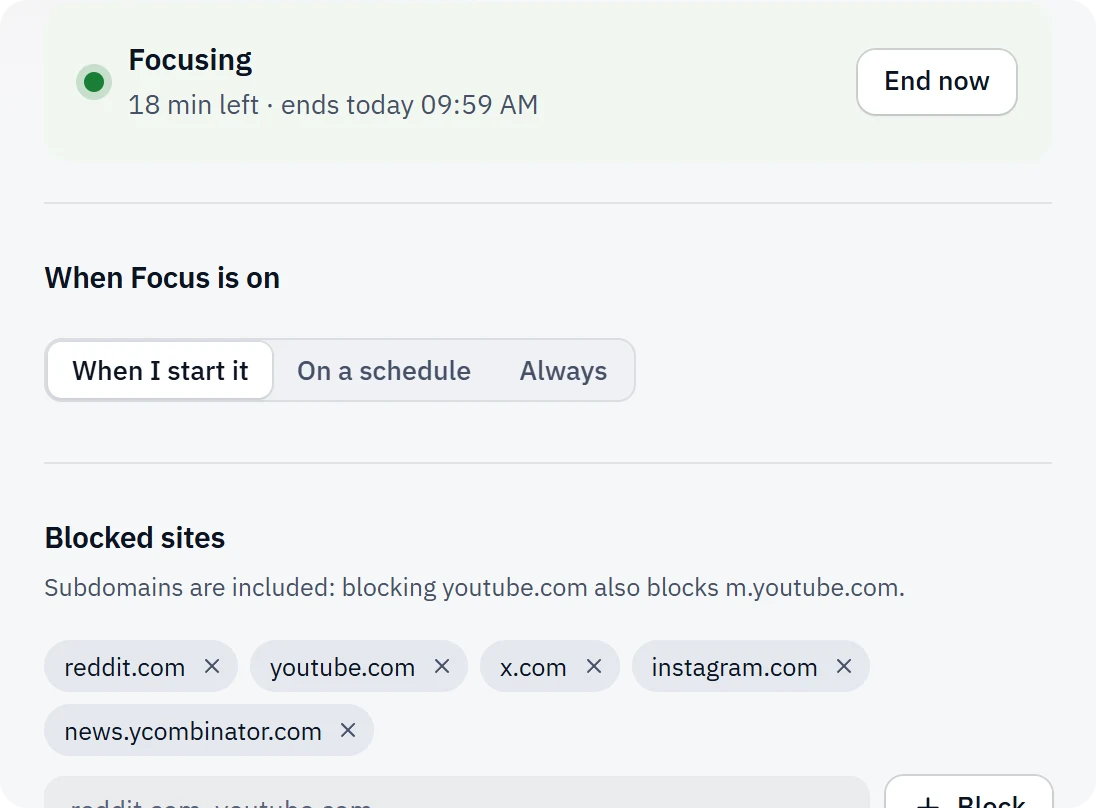Tab Nemo Focus settings with a session running and blocked sites