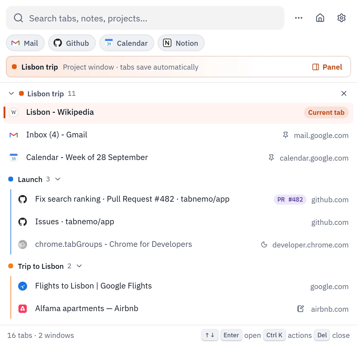 Tab Nemo list of windows with color-coded tab groups and sleeping tabs