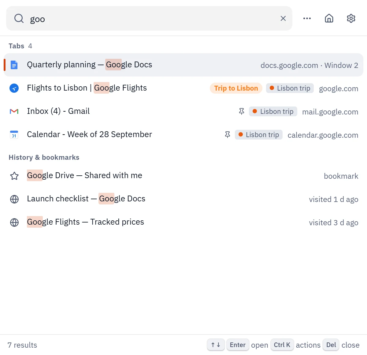 Tab Nemo search popup showing tabs, history and bookmarks matching “goo”