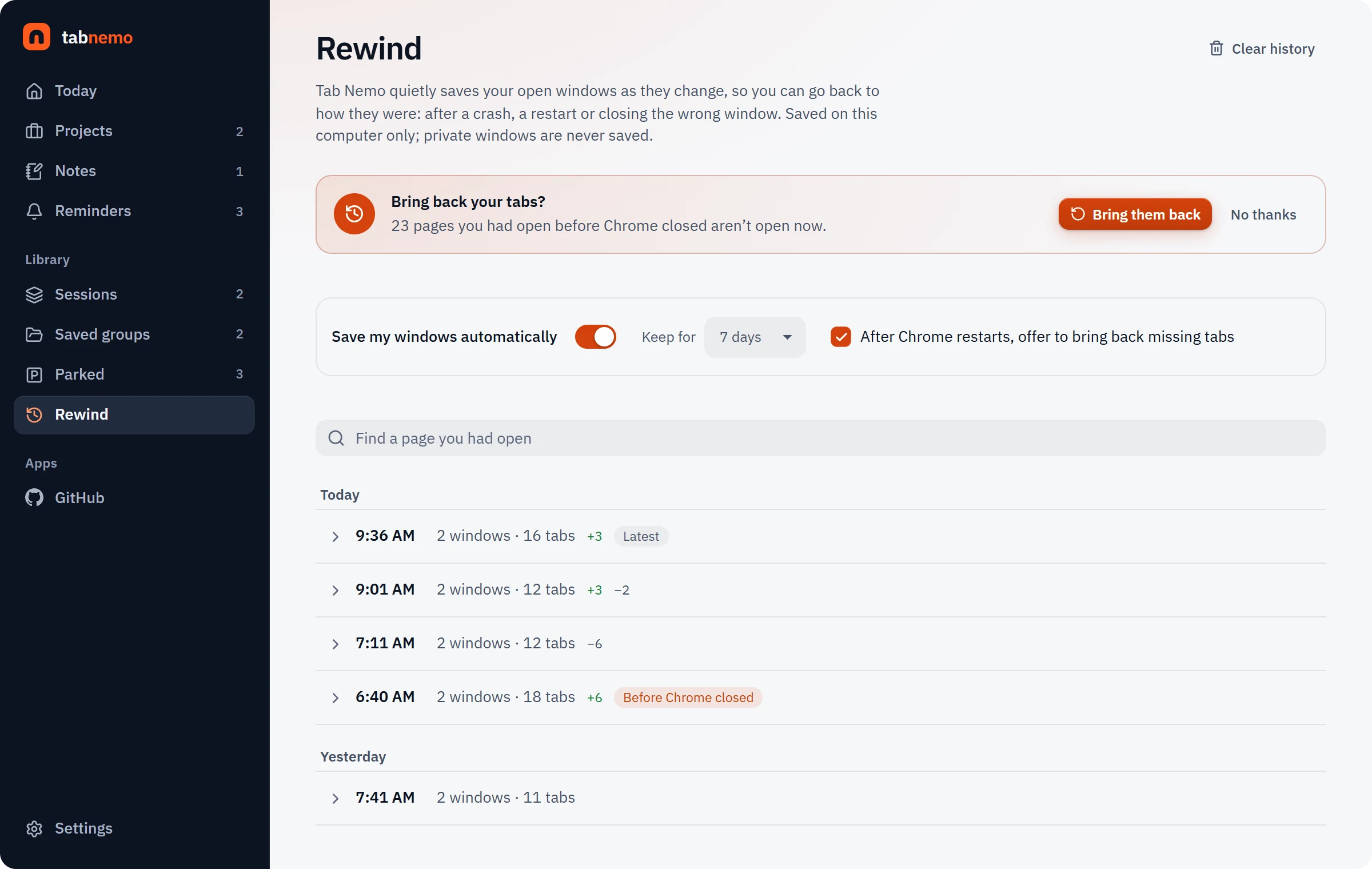 Tab Nemo Rewind page with a timeline of saved windows and a Bring them back button